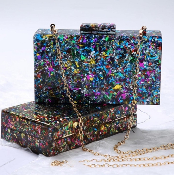 Abstract Silver Confetti Hard Case Clutch Bag Box Purse Crossbody Chain Multi - Picture 11 of 11